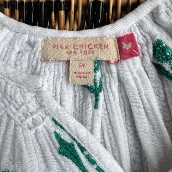 PINK CHICKEN Embroidered Cotton Ava Dress Girls 5 White & Green Boho Beach Cover - Picture 8 of 9